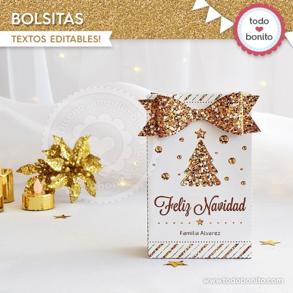 Navidad Glitter Dorado Bolsa Sorpresita Para Imprimir