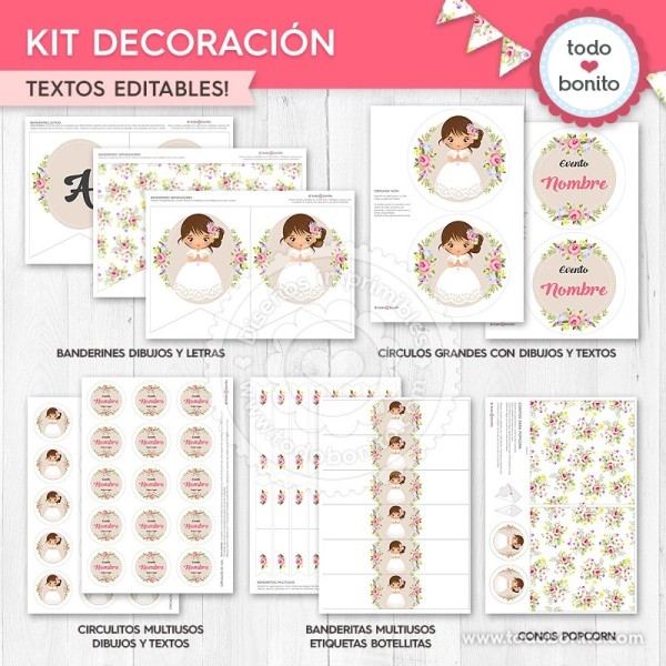 Primera Comunión modelo Juana kit imprimible decoración de fiesta