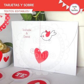 Corazones y pajaritos: tarjetas, papel carta y sobre