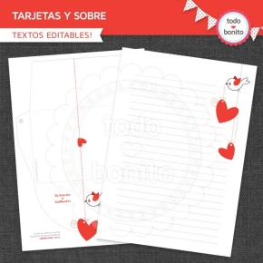 Corazones y pajaritos: tarjetas, papel carta y sobre