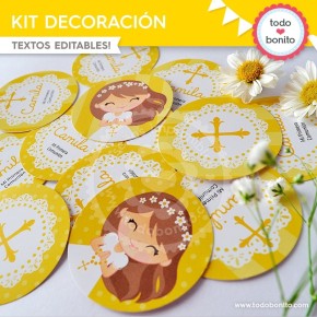 Comunión margaritas amarillo: kit imprimible decoración de fiesta