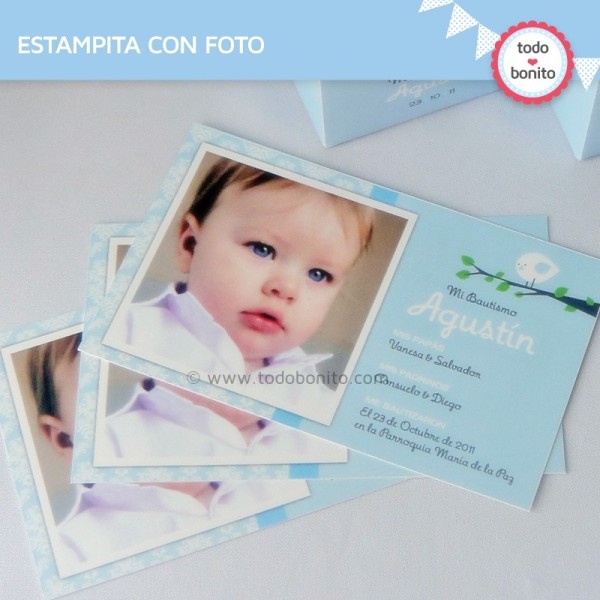 Pajarito bebé celeste: estampita con foto