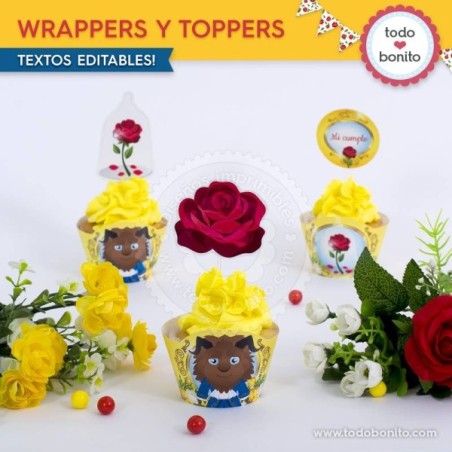 La Bella y la Bestia: wrappers y toppers para cupcakes