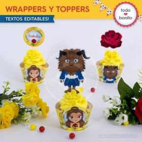 La Bella y la Bestia: wrappers y toppers para cupcakes