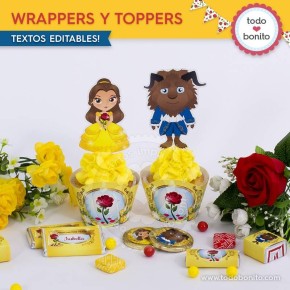 La Bella y la Bestia: wrappers y toppers para cupcakes