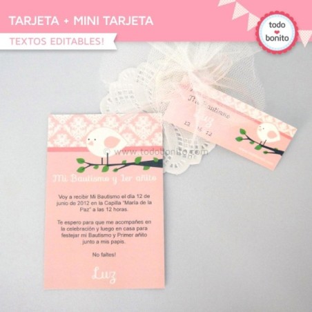 Pajarito rosa:  tarjeta + mini tarjeta