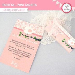 Pajarito rosa:  tarjeta + mini tarjeta