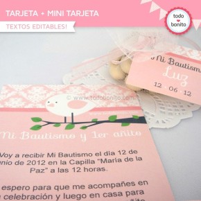 Pajarito rosa:  tarjeta + mini tarjeta