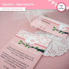 Pajarito rosa:  tarjeta + mini tarjeta