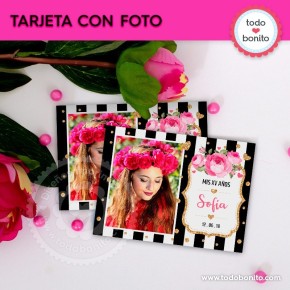 Rayas  y flores fucsia: tarjeta con foto