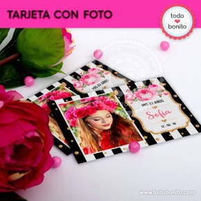 Rayas  y flores fucsia: tarjeta con foto