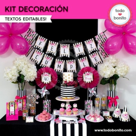 Rayas  y flores fucsia:  Kit decoración