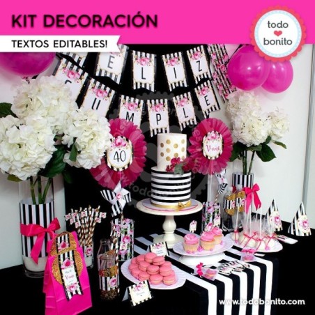 Rayas  y flores fucsia:  Kit decoración