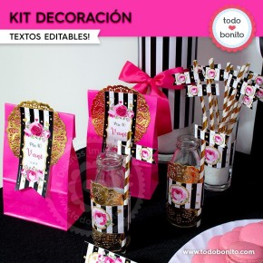 Rayas  y flores fucsia:  Kit decoración