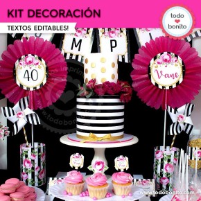 Rayas  y flores fucsia:  Kit decoración