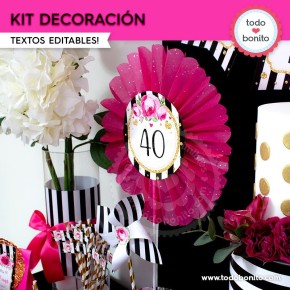 Rayas  y flores fucsia:  Kit decoración