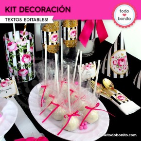 Rayas  y flores fucsia:  Kit decoración