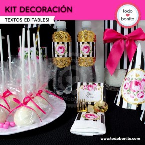 Rayas  y flores fucsia:  Kit decoración