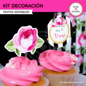 Rayas  y flores fucsia:  Kit decoración