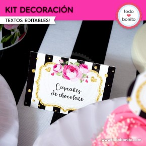 Rayas  y flores fucsia:  Kit decoración