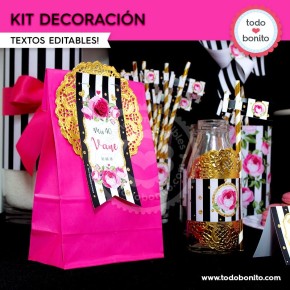 Rayas  y flores fucsia:  Kit decoración