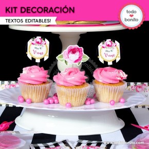 Rayas  y flores fucsia:  Kit decoración