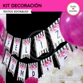 Rayas  y flores fucsia:  Kit decoración