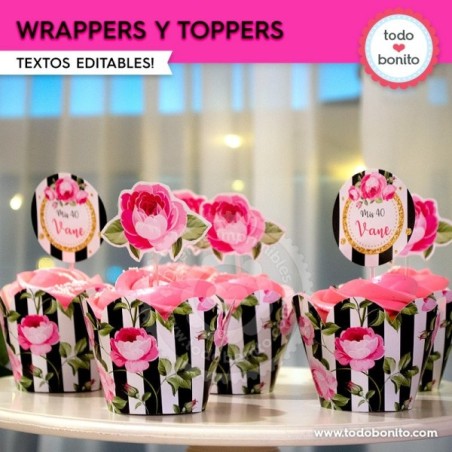 Rayas  y flores fucsia: wrappers y toppers