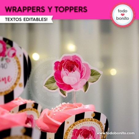 Rayas  y flores fucsia: wrappers y toppers