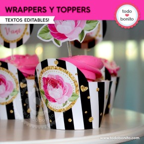 Rayas  y flores fucsia: wrappers y toppers