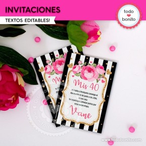 Rayas  y flores fucsia:  invitaciónes