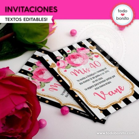 Rayas  y flores fucsia:  invitaciónes