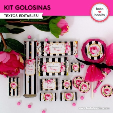 Rayas  y flores fucsia:  kit etiquetas de golosinas