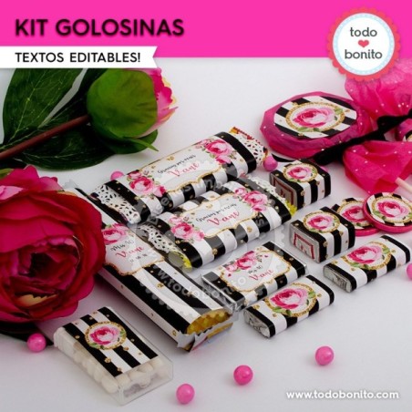 Rayas  y flores fucsia:  kit etiquetas de golosinas