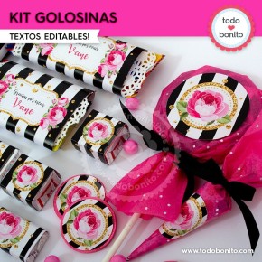 Rayas  y flores fucsia:  kit etiquetas de golosinas