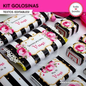 Rayas  y flores fucsia:  kit etiquetas de golosinas