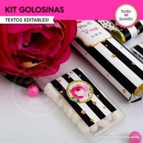 Rayas  y flores fucsia:  kit etiquetas de golosinas