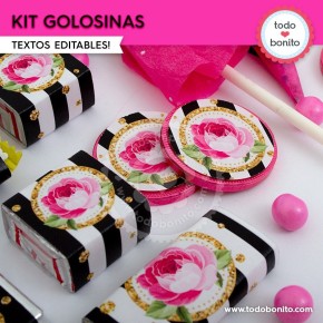 Rayas  y flores fucsia:  kit etiquetas de golosinas