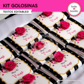 Rayas  y flores fucsia:  kit etiquetas de golosinas