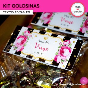 Rayas  y flores fucsia:  kit etiquetas de golosinas