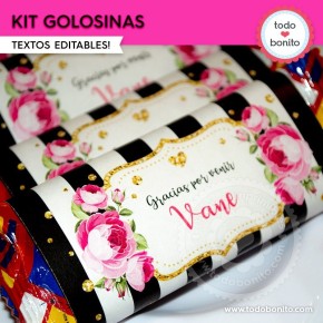 Rayas  y flores fucsia:  kit etiquetas de golosinas