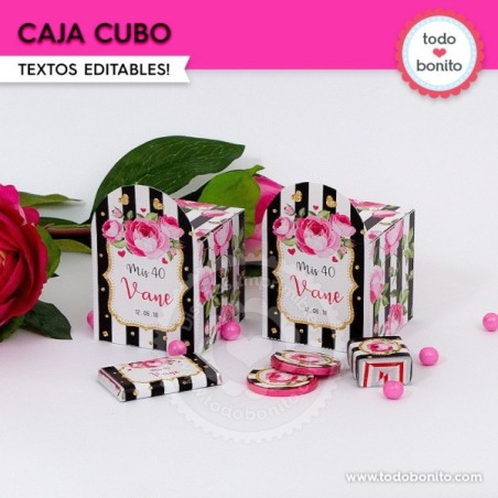 Rayas  y flores fucsia: caja cubo