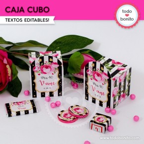 Rayas  y flores fucsia: caja cubo