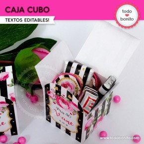 Rayas  y flores fucsia: caja cubo