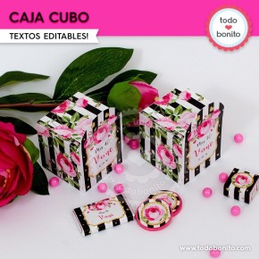 Rayas  y flores fucsia: caja cubo