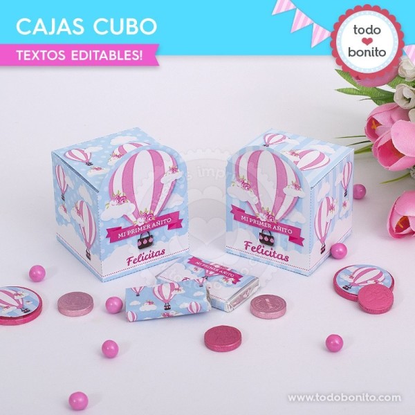 Globos aerostáticos rosa: cajitas cubo