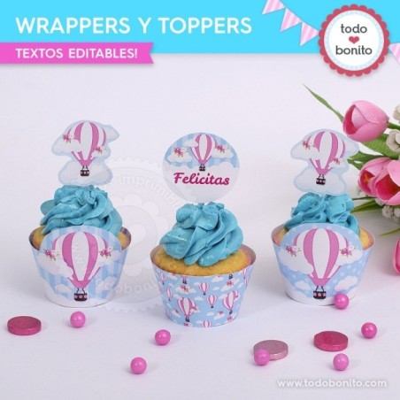 Globos aerostáticos rosa: wrappers y toppers