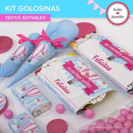 Globos aerostáticos rosa: kit etiquetas de golosinas