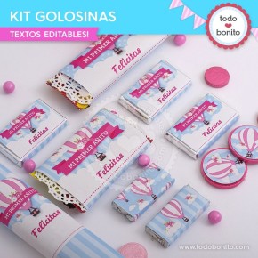 Globos aerostáticos rosa: kit etiquetas de golosinas