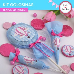 Globos aerostáticos rosa: kit etiquetas de golosinas